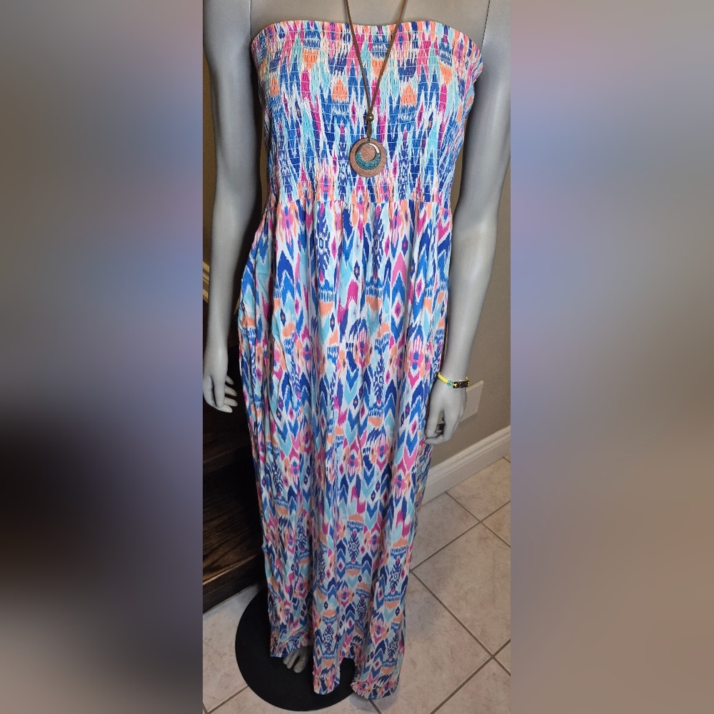 GAP Strapless Maxi Dress in Blue and Pink. - Picture 9 of 12